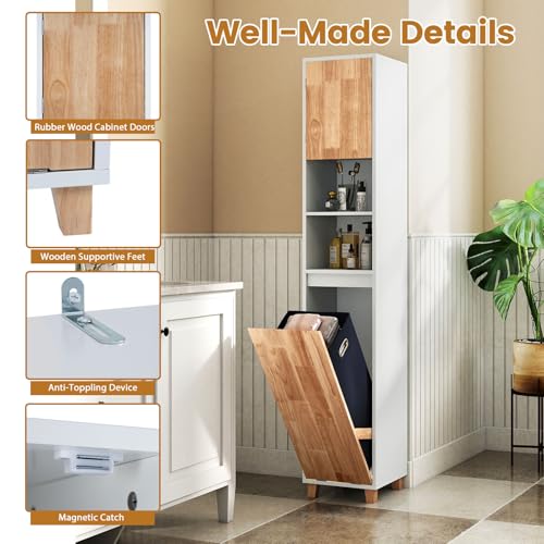 LIFEZEAL Armario de Baño Alto, Armario Estrecho con Cesta de Ropa Extraíble, Estantes Abiertos, Contenedor Plegable, Armario Multiusos para Baño Salón, Madera de Caucho - imagen 4