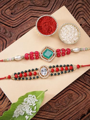 Image of Sukkhi Rakhi Excellent Kundan & Pearls Designer Gold Plated Premium Rakhi for Brother with Roli Chawal & Greeting Card|Rakhi for Brother /Bhaiya /Bhai /Men|Kundan Rakhi|Rakhi Combo-Set of 2