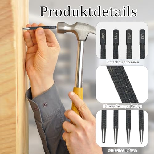 Diffaxy 4-teiliges Körner Werkzeug, Kkörner Metall, rutschsicheres Metallgehäuse, Nagelstempel-Set für Holz, 1/32, 2/32, 3/32, 4/32