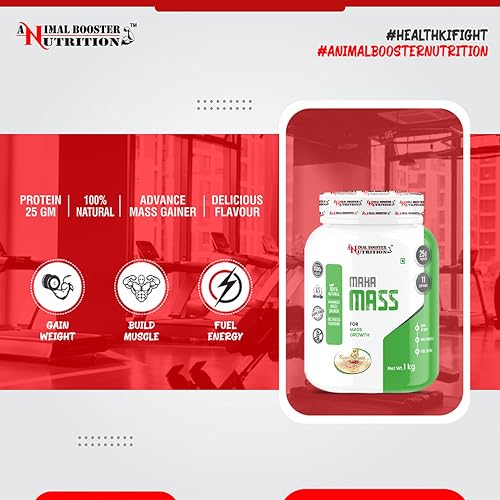 Image of Animal Booster Nutrition Maha Mass Gainer, 25 Grams of Protein in 90gm of Serving Helps in Gain Weight, Build Muscle & Fuel Energy - Kesar Pista Flavor (11Servings /1KG)