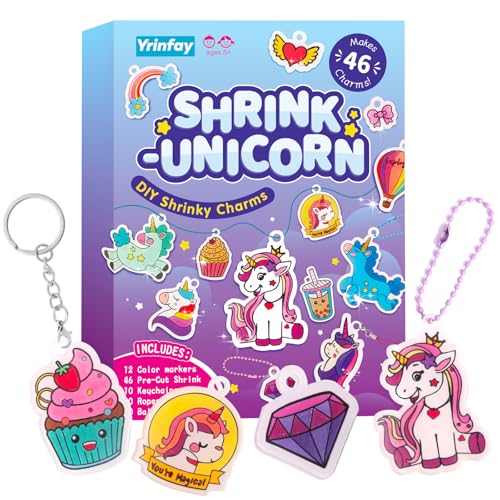 Yrinfay 89PC DIY Unicorn Shrinking Plastic Art Kit - 46 Pre-Cut Shapes 12 Markers & Accessories - Make Charms Keychains & Tags - No-Mess Craft for Kids - Birthday Gift with Shrinking Plastic Sheets