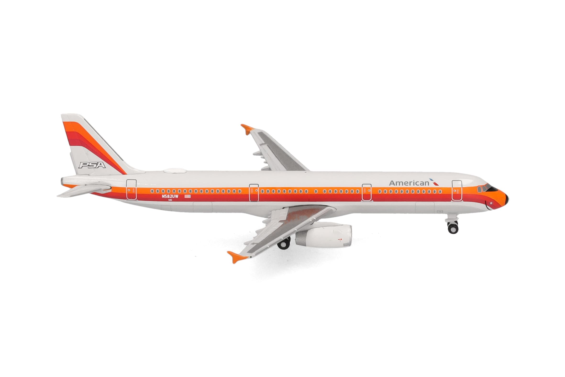 Herpa model aircraft American Airlines Airbus A321 - PSA Heritage livery, 1:500 scale miniature, collector’s item, aircraft model without stand, metal