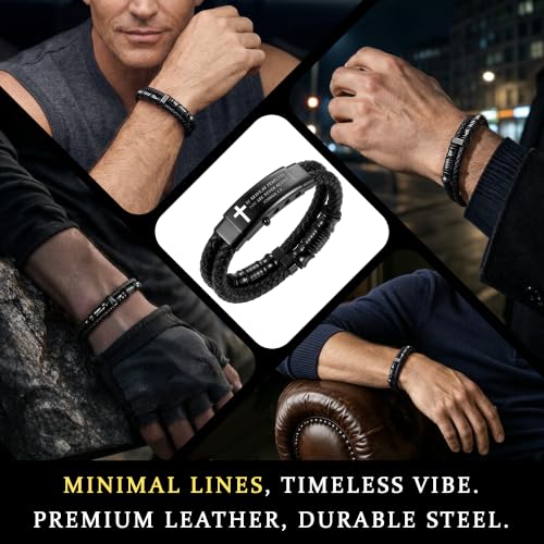 Pulsera para hombre de cuero trenzado negro con versículo bíblico miniatura 4