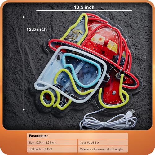 Image of Firefighting Helmet Neon Sign, Fireman Fire Fighter Pop Art LED Light USB Powered Dimmable for Hero Wall Decor Man Cave Gift (13.5 X 12.5 In)