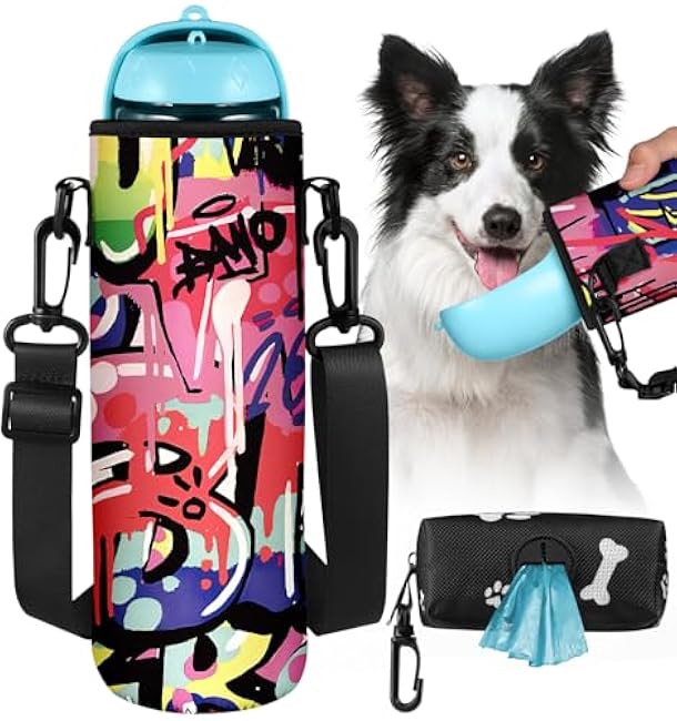 Portable Neoprene Water Bottle Sleeve - Travel Dog Water Cover Bag with Puppy Poop Bag Holder, Funny Pet Bottle Sling Carrier with Adjustable Strap for Walking Hiking