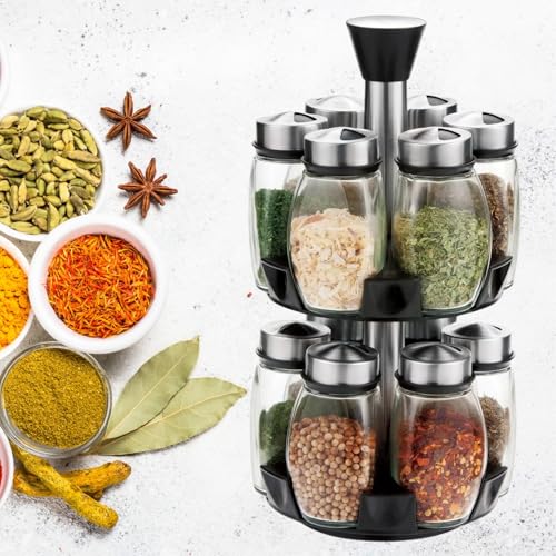 Rotating Spice Rack Organizer – Modern Silver Countertop Carousel with 12 Glass Jars for Kitchen Herbs and Seasonings