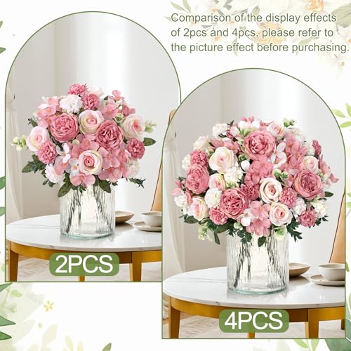 2 Bundles Pink Peonies Artificial Flowers Silk Flower Centerpieces for Tables Fake Flower Arrangements Bouquets Mixed Roses Hydrangea with Stems for Wedding Bridal Bouquets Home Ta image 5