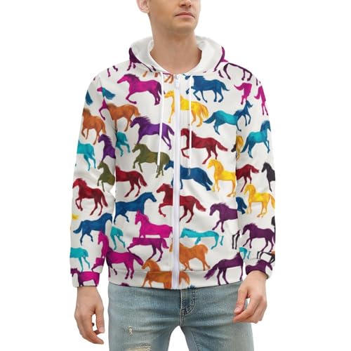 Colorful Horse Men's Zip Up Hoodie Casual Drawstring Hooded Sweatshirt with Kanga Pocket2