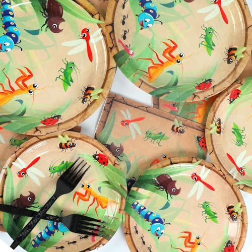 Image of Qyeahkj 100 Pcs Bug Party Plates Napkins Supplies, Spring Summer Ladybugs Bee Reptile Birthday Party Tableware Set Insect Birthday Party Decorations Favors for Boys Girls Serve 25
