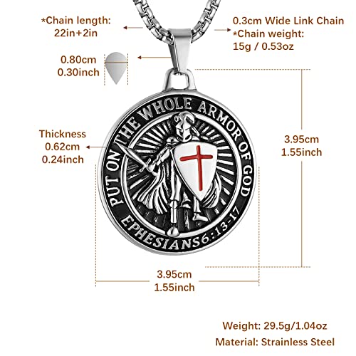 HZMAN Knights Templar Put On The Whole Armor of God Ephesians 6:13-17 Red Cross Design Stainless Steel Necklace for Men2