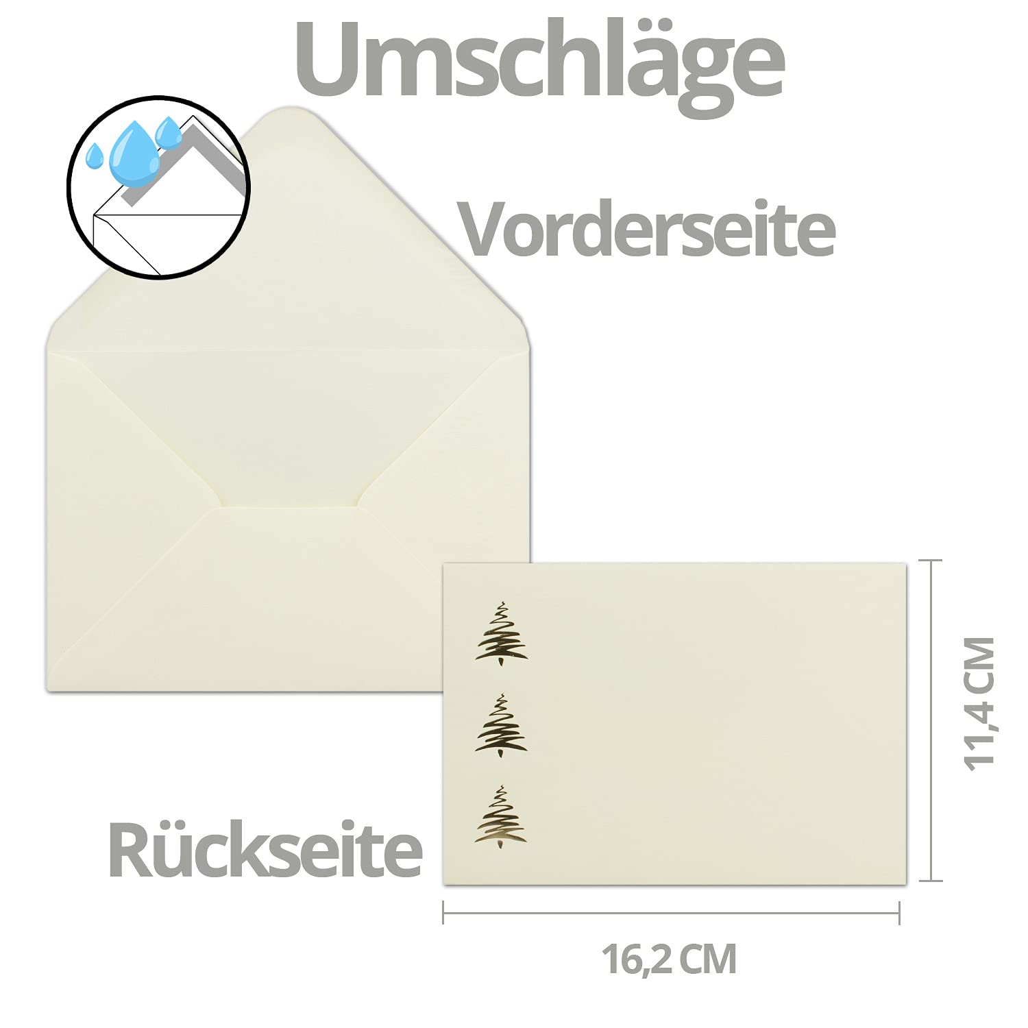 NEUSER PAPIER 100x Weihnachtskarten-Set DIN A6 in Grau mit Weihnachtsbäumen in Scratch-Optik - Faltkarten mit Umschlägen DIN C6 Creme mit goldenen Motiven - Weihnachtsgrüße für Firmen und Privat