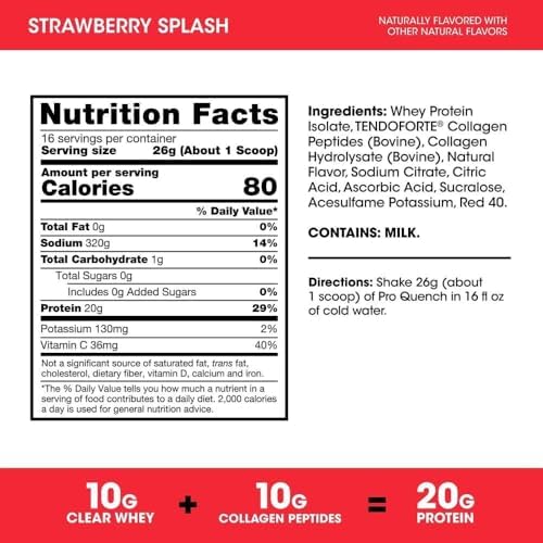 Optimum Nutrition Pro Quench Clear Whey Isolate Protein Powder | 20g Protein, Whey Isolate & Collagen | Sugar-Free Clear Protein Drink & Electrolyte Hydration Formula | 16 Servings, 416g (Strawberry Splash) - 1