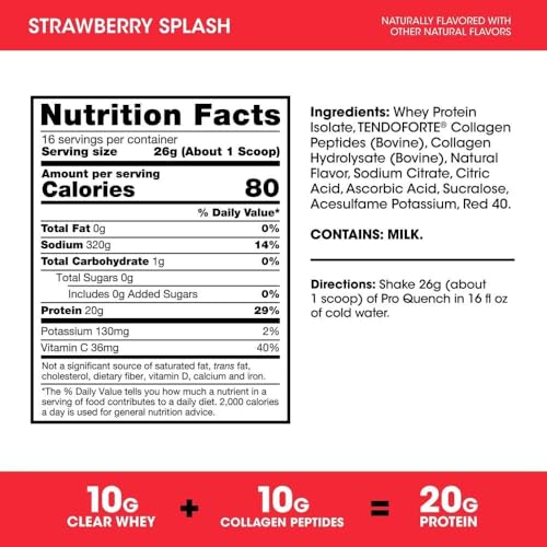 Optimum Nutrition Pro Quench Clear Whey Isolate Protein Powder | 20g Protein, Whey Isolate & Collagen | Sugar-Free Clear Protein Drink & Electrolyte Hydration Formula | 16 Servings, 416g (Strawberry Splash)