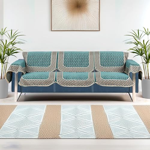Image of Premium Chenille Woven Anti-Slip 3 Seater Sofa Cover with Arm Rest | L-Shape Sofa Seat Protector for Living Room | Durable & Stylish Slipcover - Turquoise - 3D