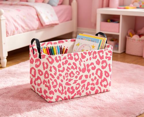 Image of Sanjiaofeng Rectangular Kids Baskets,leopard print basket,Pink Storage Basket with Handles,Waterproof Collapsible Storage Bin for Kids,Kid Room Decor,Books Box,Gift Basket(leopard print)