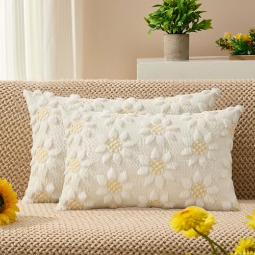 Image of DFXSZ Spring Summer Pillow Covers 12x20 inch Set of 2 White Sunflower | Farmhouse Decor Soft Plush Faux Fur Jacquard Throw Pillow Covers|For Spring Holiday Sofa Home Decor