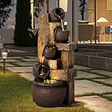 TOBYUL 39.3" H Outdoor/Indoor Water Fountain with LED Lights and Pump, 5-Tiers Cascading Pitchers and Wooden Stakes Garden Fountains Waterfall, Freestanding Resin Fountain for Patio, Garden, Porch