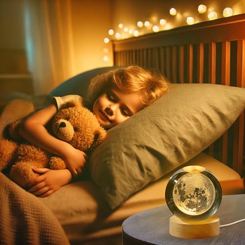 Image of 3D Moon Crystal Ball Night Light with Wooden Base, Table Lamp