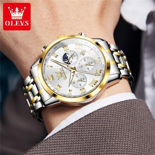 Image of OLEVS Men Multifunction Watch, Multi Dial Waterproof Luminous Chronograph Men's Watch with Date Gift for Men,Stainless Steel Watches for Men,Classic Men Wrist Watch, gold sliver band white face-5529G