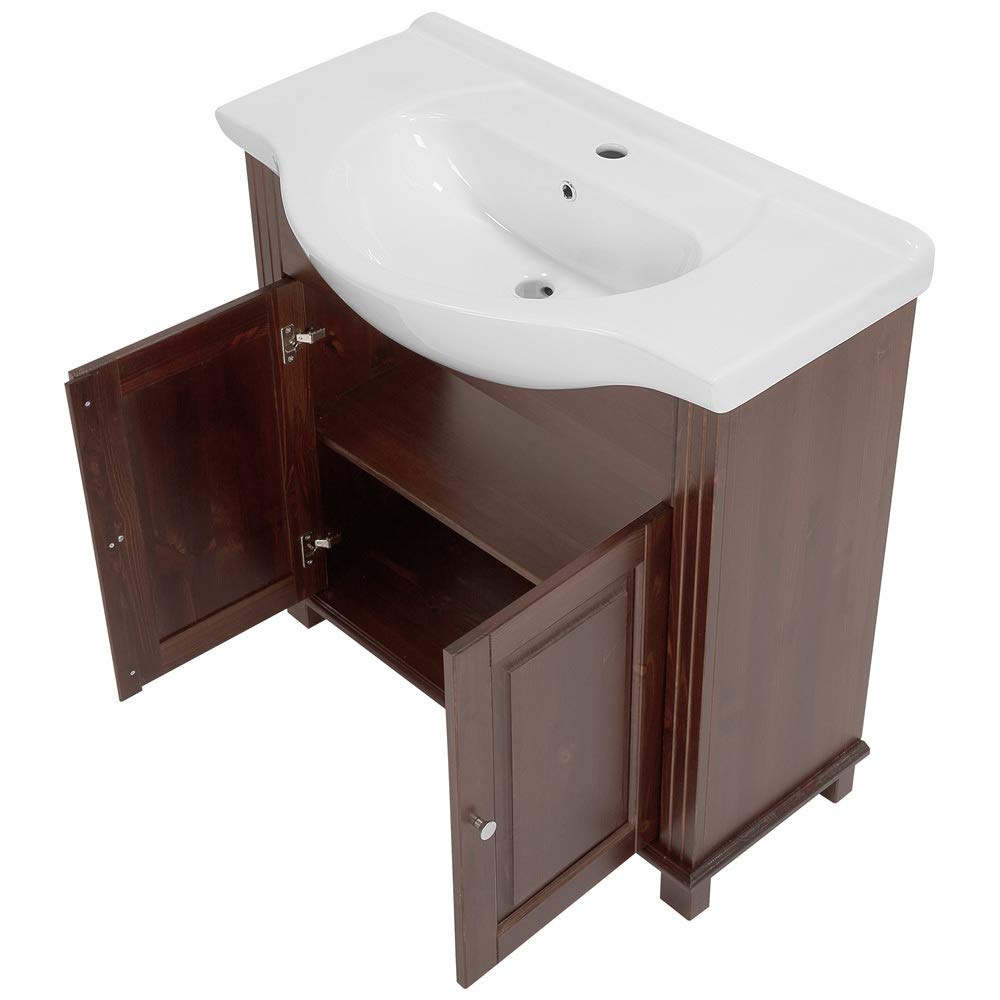Lomadox Waschtischunterschrank 85 cm Keramik-Waschbecken Im Landhausstil, Pinie Massivholz braun, B/H/T ca. 85/83/49 cm