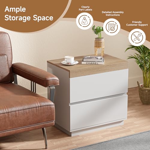 Image of Nightstand Set of 2 with Oak Top, 23.7 inch White Night Stand with 2 Drawers, Modern Bedside Table Wood End Table for Bedroom