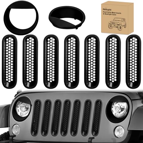Image of Nilight Grill Inserts fit for Jeep Wrangler Front Grille Mesh Inserts & Headlight Cover Set for JK JKU Unlimited Sports Sahara Freedom Rubicon 2007-2018 Clip-in Trim Exterior Accessories Black 9 Pcs