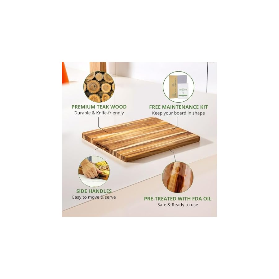 BEEFURNI-Teak-Wood-Cutting-Board-with-Hand-Grip-Small-Wooden-Cutting-Boards-for-Kitchen-Small-Chopping-Board-Wood-Gifts-for-Her-1-Year-Manufacturer-Warranty-S-18L-x-14W-x-1H-inches BEEFURNI Teak Wood Cutting Board with Hand Grip (S, 18x14x1"), Small Wooden Cutting Boards for Kitchen, Small Chopping Board Wood, Christmas Gifts, 1-Year Manufacturer Warranty