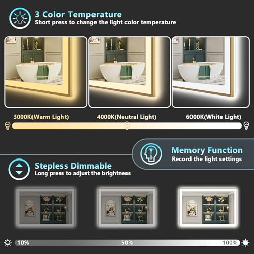 Image of 55x36 Gold LED Bathroom Mirror with Lights, Backlit & Front Lit | Brushed Gold Framed, Anti-Fog Lighted Vanity Mirror, Dimmable, 3-Color Temp, Memory, CRI95, HD Tempered Glass, UL Listed