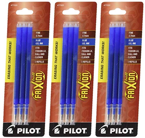 Pilot Gel Ink Refills for FriXion Erasable Gel Ink Pen, Fine Point, Blue Ink, 3 Packs 9 refills total - New