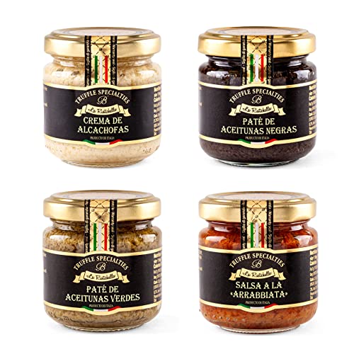 La Rustichella - Set Crema de Alcachofas 90g, Pate de Aceitunas Verdes 90g, Pate de Aceitunas Negras 90g y Pate de Arrabbiata 90g, Vegano, Sin Gluten, Sin Colesterol - Delicias Italianas