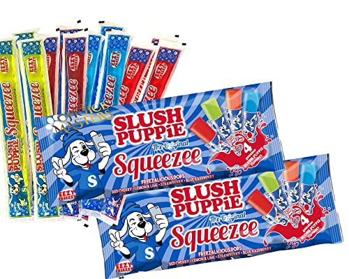 Slush Puppy The Original Squeezee Freeze Pops Ice Lolly Poles - 2 X (10 x 60mls) Red Cherry Lemon &Lime Strawberry and Blue Raspberry - Vegetarian Vegan and Gluten Free - 20 Total