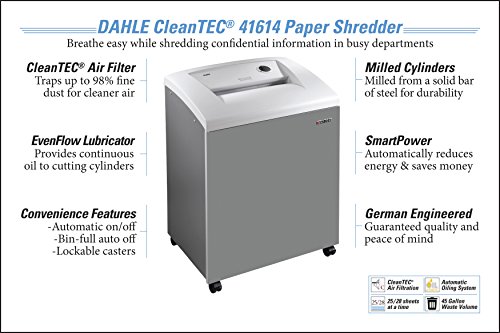 Dahle Cleantec® 41614 Paper Shredder W/Fine Dust Filter, Automatic Oiler, Smartpower, Security Level P-4, 25 Sheet Max, 5+ Users #TOP4