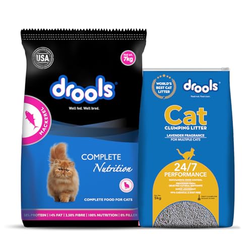 Image of Drools Adult Dry Cat Food 7kg with 5kg Free Cat Litter | Real Mackerel Flavour | Taurine for Healthy Heart | Supports Skin & Coat | Maintains Urinary pH | Reduces Hairball Formation