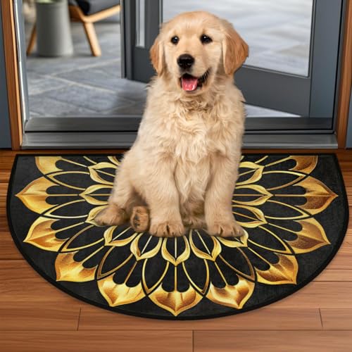 Image of Half Round Doormat Mandala Ethnic Gold Florals Non Slip Half Circle Area Rugs Indoor Washable Half Moon Rug Semi Circle Bathroom Runner Mat Entrance Floor Carpet for Kithen Bedroom Fireplace Decor