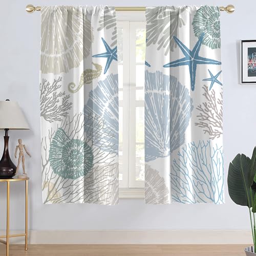 AAtter Coastal Nautical Curtains - Beach Seashell Shell Starfish Pattern Ocean Theme Drapes...