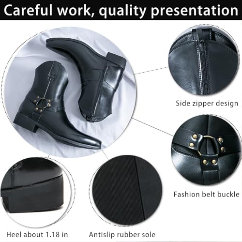 Image of Men's Western Cowboy Boots - Fashion Pointed Toe Chunky Low Heel Belt Buckle Side Zipper Ankle Retro Classic Anti-Slip Short Boots