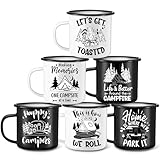 Baderke 6 Pcs Enamel Camping Mugs Camping Coffee Mug 12oz Happy Campers Campfire Tea Cups with Handle Vintage Black and White Travel Mugs for Drinking Outdoor Travel Summer Holiday Gift