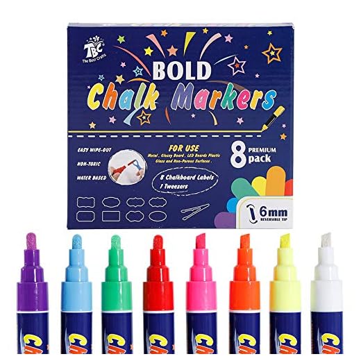TBC Rotuladores de Tiza Liquida Borrado en Húmedo, Punta 6 mm - Paquete de 8 Colores para Vidrio, Pizarras Blancas Y Pizarras Negro, para el Hogar, la Escuela o la Oficina
