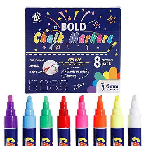 TBC Rotuladores de Tiza Liquida Borrado en Húmedo, Punta 6 mm - Paquete de 8 Colores para Vidrio,...