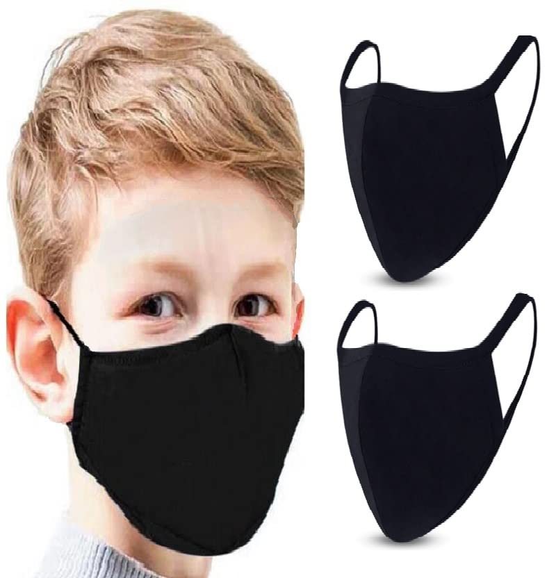 GALAXYLENSE 2 Packs Cotton Children Kids Washable,Reusable Black Face Mask,Breathable Personal Care Protection For Age 9-18 (2 Packs Black)
