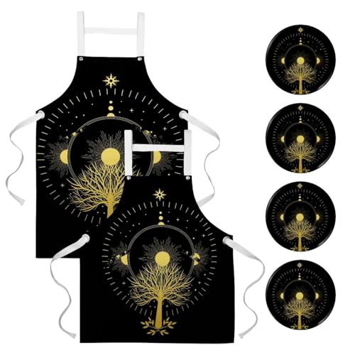 Lot de 2 tabliers de cuisine avec 4 broches à motif Arbre sacré multicolore