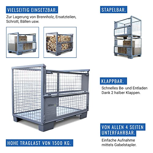 Eurogitterbox Gitterbox I Für Industrie, Garten & Brennholz Aufbewahrung I German Seller I 1240 mm x 970 mm x 835 mm I grau aus Stahl, Traglast 1500 kg, Gewicht 70 kg, für Lager und Transportzwecke