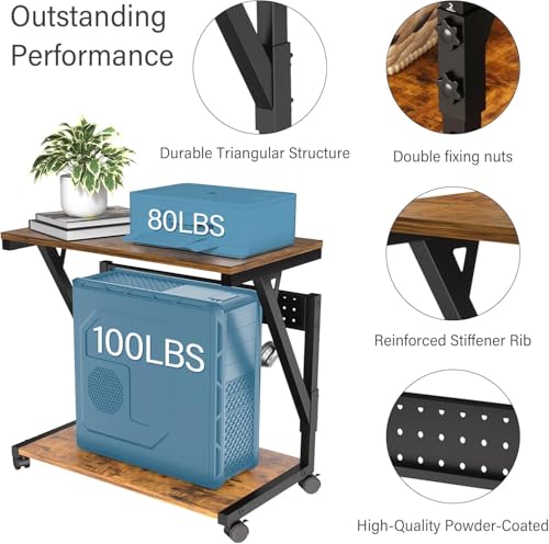 Image of 21562 Computer Tower Cart - Height Adjustable PC Stand, 2-Tier CPU Holder Home Office Gaming Desk Accessories Rolling Lockable Wheels, Laptop Table Standing Computer Desk, Rustic Brown