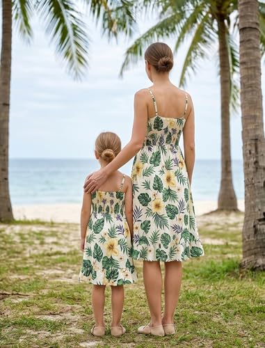 Image of AWIBMK Hawaiian Family Matching Outfits Mother Daughter Tropical Dresses Father Son Shirts for Beach Vacation Luau Party