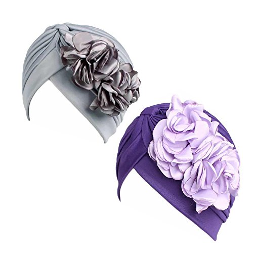 Gorra Beanie De Tela con Flor Color Liso Turbante para Cabeza De Mujer para Cáncer Quimioterapia Chemo Oncológico Noche Pèrdida de Pelo Cabello 2 Unidades (Crupo D, 2)