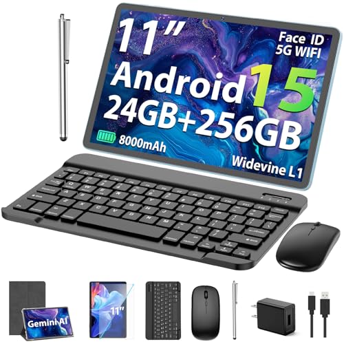 Image of Suicoey 2026 11 inch Android 15 Tablet with Keyboard, 24GB+256GB, 2TB Expand, 8000mAh, 5MP+13MP, 5G WiFi, Gemini AI, Split Screen, Widevine L1, 2 in 1 Tablets PC with Case, Mouse, Stylus(Silver Case)