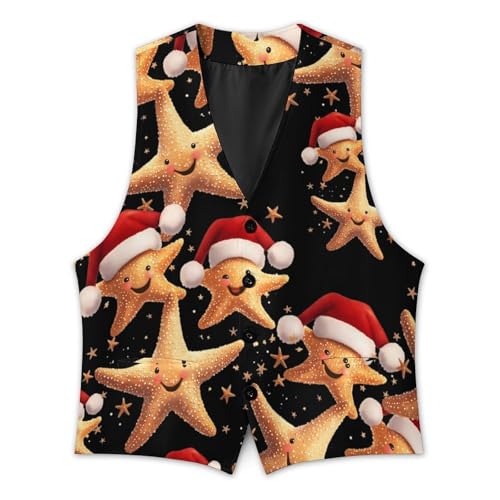 Cute Starfish With Santa Hats Men's Formal Suit Vest for Business Formal Or Casual Dress Waistcoat Wedding3