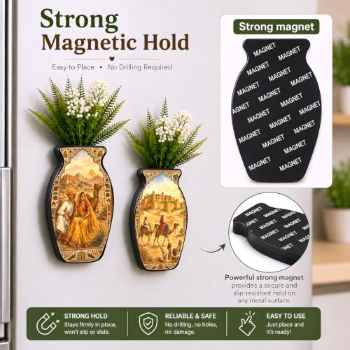 Image of Regalo Casila Rajasthan Desert Heritage Art Magnetic Artificial Flower Vase Fridge Magnets Set of 2 Camel Palace Rajasthani Culture Refrigerator Kitchen Home Decor Gift