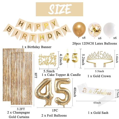 Image of Trgowaul 45th Birthday Decorations for Women, Banner, Sash and Crown, Cake Topper, 45 Number Balloon, Fringe Curtains, Champagne Gold 45th Birthday Party Supplies