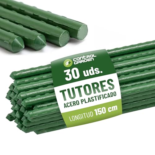 CONTROL GARDEN Pack 30 Tutores de Acero Plastificado para Plantas 150cm Ø 9 mm | Varillas Crecimiento Plantas | Soporte Cultivos Apto Interior y Exterior (30)